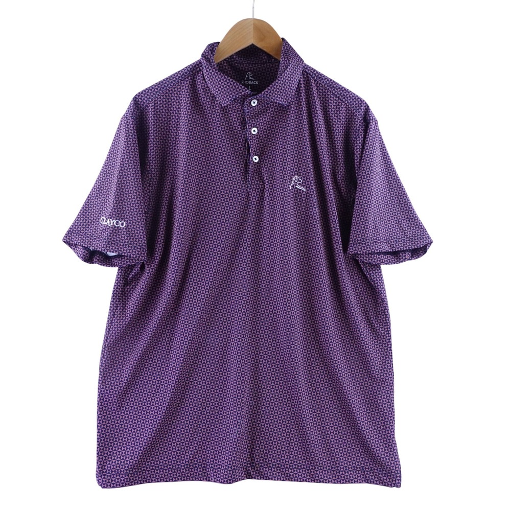 Rhoback Mens Large Burgundy Geometric Performance Golf Polo Shirt Clayco Logo
